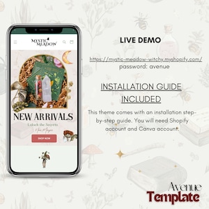 K&ouml;nnte beinhalten: Ein Smartphone zeigt eine Website mit "Mystic Meadow" und "New Arrivals". Das Bild enth&auml;lt Text: "Live Demo", "Installation Guide Included" und "Avenue Template". Dekorative Elemente sind Pilze, Bienen und ein Halbmond.