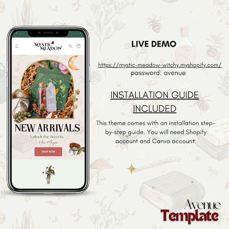 K&ouml;nnte beinhalten: Ein Smartphone zeigt eine Website mit "Mystic Meadow" und "New Arrivals". Das Bild enth&auml;lt Text: "Live Demo", "Installation Guide Included" und "Avenue Template". Dekorative Elemente sind Pilze, Bienen und ein Halbmond.