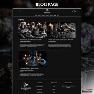 May include: A dark website interface with the text "BLOG PAGE" at the top. The site features articles on black magic, including "How to Create a Protection Spell" and "The Allure of Black Magick." The site's logo is a witch's hat.