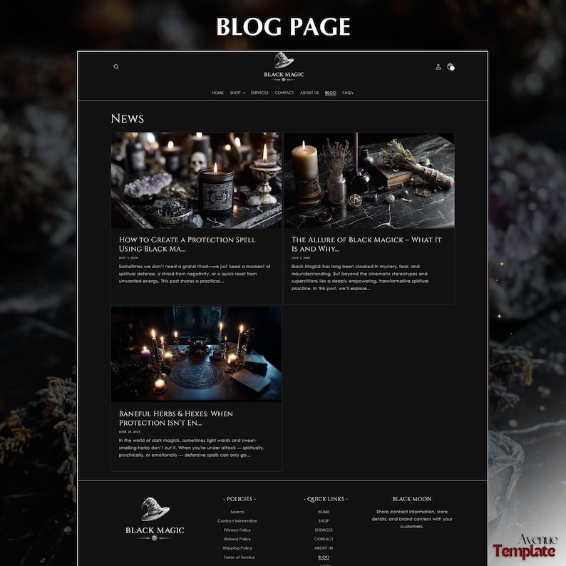 May include: A dark website interface with the text "BLOG PAGE" at the top. The site features articles on black magic, including "How to Create a Protection Spell" and "The Allure of Black Magick." The site's logo is a witch's hat.