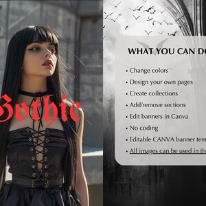 May include: A gothic-themed Canva banner template with a woman wearing a black lace-up top and a black choker. The text "Gothic" is written in red letters. The text "WHAT YOU CAN DO" is written in black letters with a list of features below it.