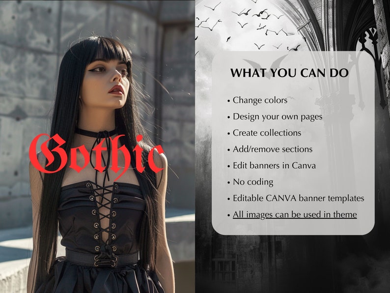May include: A gothic-themed Canva banner template with a woman wearing a black lace-up top and a black choker. The text "Gothic" is written in red letters. The text "WHAT YOU CAN DO" is written in black letters with a list of features below it.