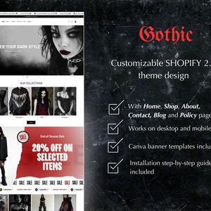 May include: A website mockup for a gothic clothing store with the text "Discover your dark style" and "Gothic Customizable Shopify 2.0 theme design". The website features a black and red color scheme with images of gothic clothing and accessories.