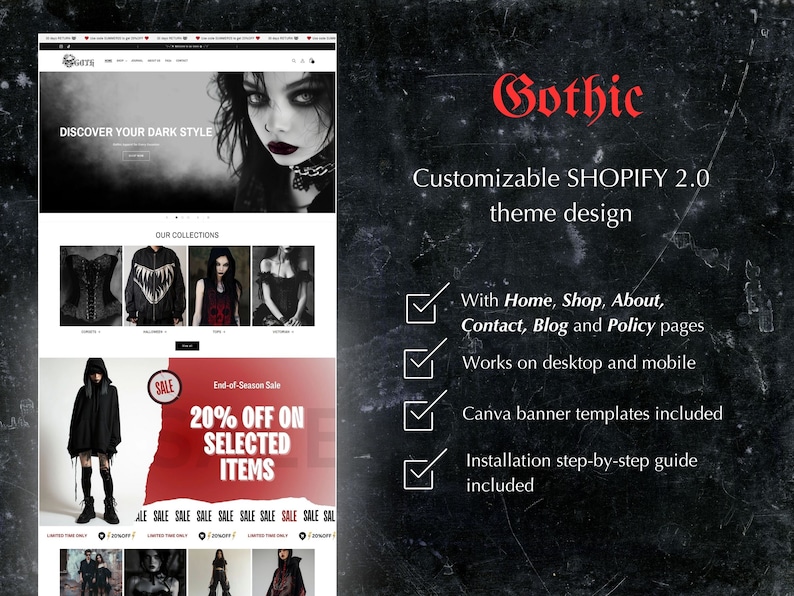 May include: A website mockup for a gothic clothing store with the text "Discover your dark style" and "Gothic Customizable Shopify 2.0 theme design". The website features a black and red color scheme with images of gothic clothing and accessories.