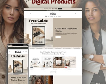 Puede incluir: Una maqueta de sitio web para una tienda de productos digitales con un fondo marrón claro. El sitio web presenta una guía gratuita sobre cómo crear un negocio en línea, un curso sobre cómo crear un curso en línea y una sección titulada "No esperes a mañana: comienza tu destino empresarial en línea hoy". El sitio web también incluye una sección con una foto de una mujer y el texto "Hola, soy Amelia!"
