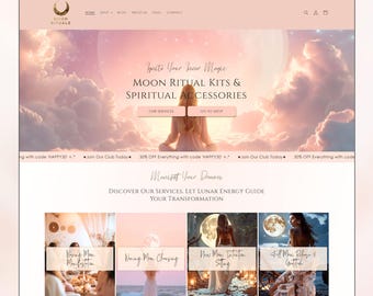 May include: Website homepage for Moon Rituals, a business selling moon ritual kits and spiritual accessories. The website features a pink and white color scheme with a photo of a woman meditating in front of a pink and white sky. The text "Invite Your Inner Magic" is displayed above the text "Moon Ritual Kits & Spiritual Accessories". The website also features a call to action to "Go to Shop".