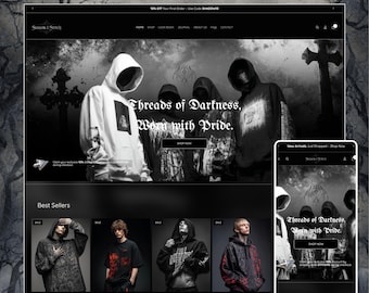 Motyw gotycki Shopify, motyw czarny Shopify, sklep z odzieżą alternatywną Shopify, szablon POD Shopify, motyw Mystic Shopify, motyw Halloween Shopify
