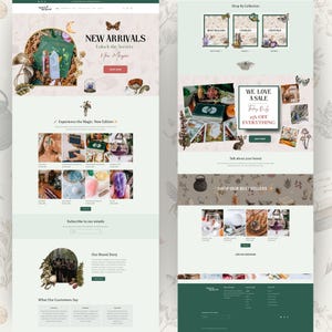 K&ouml;nnte beinhalten: Ein Website-Layout in Hellgr&uuml;n und Beige. Der Header zeigt "NEU EINGETROFFEN" und "Entdecke die Geheimnisse New Magic". Weitere Abschnitte umfassen "Shop By Collection", "WE LOVE A SALE" und Produktbilder.