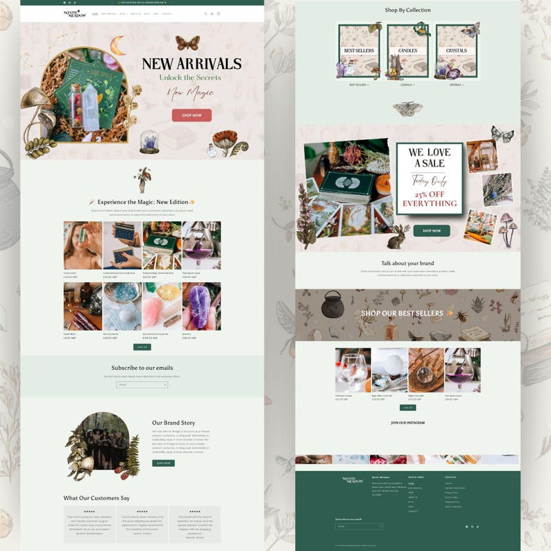 K&ouml;nnte beinhalten: Ein Website-Layout in Hellgr&uuml;n und Beige. Der Header zeigt "NEU EINGETROFFEN" und "Entdecke die Geheimnisse New Magic". Weitere Abschnitte umfassen "Shop By Collection", "WE LOVE A SALE" und Produktbilder.