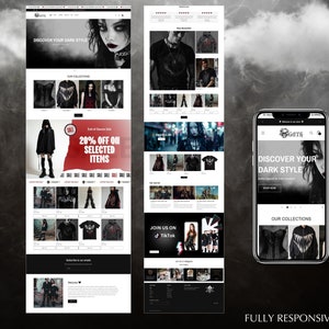 May include: A website homepage for a clothing store called "Gote" that sells dark style clothing. The website features a black and white color scheme with a gothic aesthetic. The homepage includes a banner image of a woman with dark hair and makeup, a section for featured products, and a call to action to "Discover Your Dark Style".