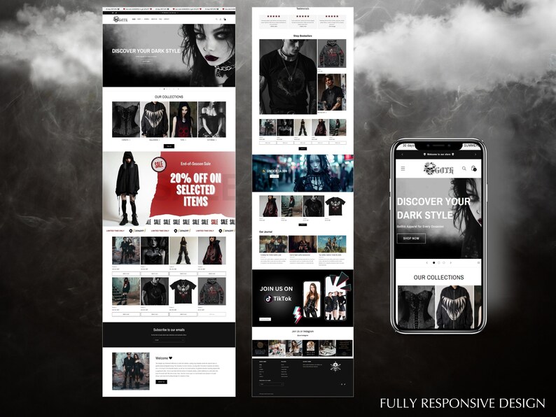 May include: A website homepage for a clothing store called "Gote" that sells dark style clothing. The website features a black and white color scheme with a gothic aesthetic. The homepage includes a banner image of a woman with dark hair and makeup, a section for featured products, and a call to action to "Discover Your Dark Style".