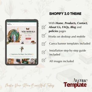 K&ouml;nnte beinhalten: Ein digitales Tablet zeigt eine Website mit dem Text &bdquo;NEUE ARTIKEL&ldquo; und &bdquo;Erlebe die Magie: Neue Edition&ldquo;. Das Bild enth&auml;lt auch den Text &bdquo;SHOPIFY 2.0 THEME&ldquo; und &bdquo;Machen Sie Ihren Shop noch heute wundersch&ouml;n&ldquo;. Das Avenue Template-Logo ist sichtbar.