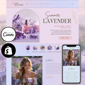 Può includere: Una homepage di un sito web per un'azienda chiamata Lavender Avenue, con uno schema di colori viola e bianco. Il sito web vende candele profumate, saponi, profumi, prodotti per la cura del corpo e altri articoli. Il sito web presenta una grande immagine di un flacone di profumo con fiori di lavanda sullo sfondo. Il testo "Summer Lavender" è visualizzato in un grande carattere nella parte superiore della pagina. Il testo "candele profumate, realizzate in Provenza, Francia." è visualizzato sotto l'immagine. Il sito web presenta anche un pulsante di invito all'azione che dice "Acquista ora".