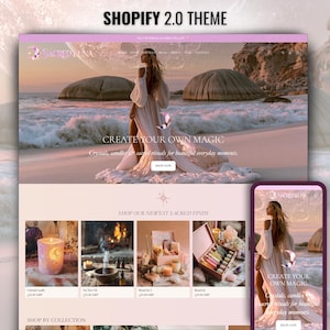 May include: A website interface titled Shopify 2.0 Theme displaying a landing page for Sacred Luna. The page features a large banner with a person in a white dress on a beach, the text Create Your Own Magic, and a product grid showing candles and ritual kits.