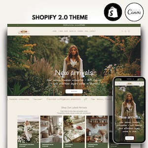 May include: A website design with the text "Shopify 2.0 Theme" at the top. The website features a woman in a dress, with the words "New arrivals" and "Shop Now". A mobile phone displays the website.