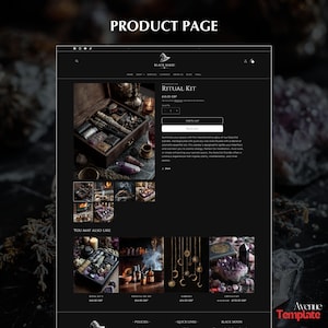 May include: A product page for a ritual kit, displayed on a black website template. The page features a wooden box filled with various items, including crystals and bundles. The text "PRODUCT PAGE" is at the top.