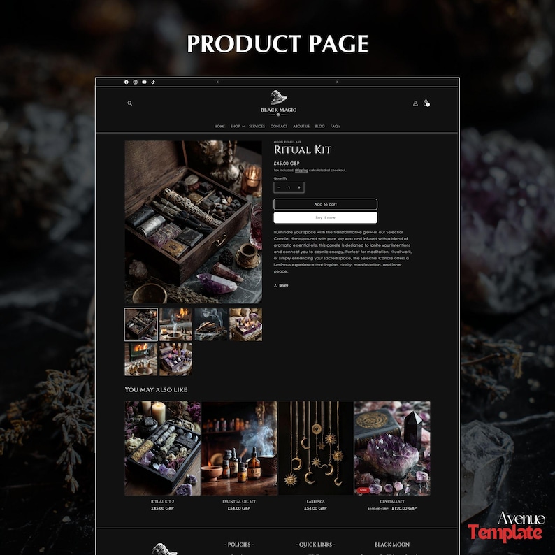 May include: A product page for a ritual kit, displayed on a black website template. The page features a wooden box filled with various items, including crystals and bundles. The text "PRODUCT PAGE" is at the top.