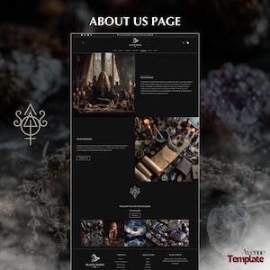 May include: A dark website template with the text "ABOUT US PAGE" at the top. The website features a black background with white text and images. The logo is a stylized symbol. The website includes sections for "OUR STORY", "OUR MISSION", and "FOLLOW US ON INSTAGRAM".