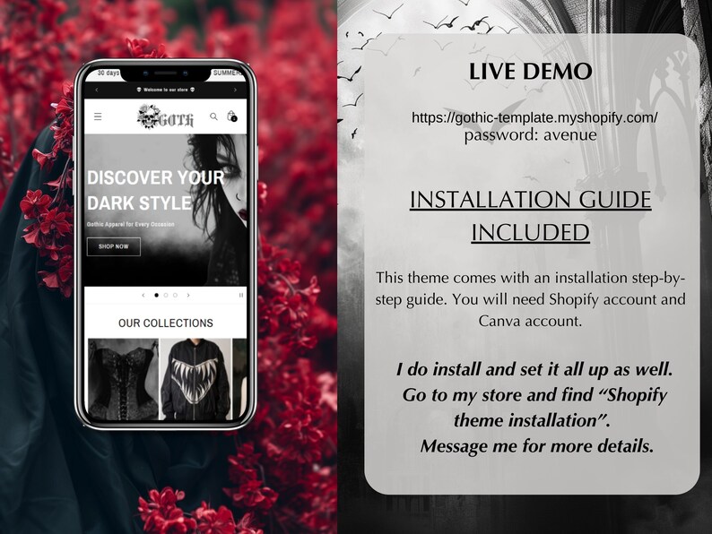 May include: A screenshot of a mobile phone displaying a website for a gothic clothing store. The website features a black and white design with the text "Discover Your Dark Style" and "Gothic Apparel for Every Occasion". The website also features a section for "Our Collections" with images of clothing items.