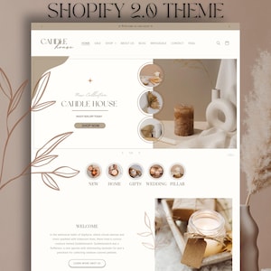 May include: A website homepage for a candle company called "Candle House". The website features a banner image of candles and a decorative vase, with a call to action to "Shop Now". The website also features a section with images of different types of candles, including new, home, gifts, wedding, and pillar candles.