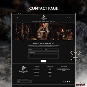 May include: A dark website contact page with the text "CONTACT PAGE" at the top. The page features a form for name, email, phone number, and comment. The website logo is a witch's hat. The text "CONTACT US" is also visible.