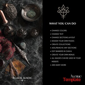 May include: An overhead shot of a dark, textured surface with various mystical objects. A silver bowl with a green stone, ornate metal containers, a candle holder, and a feather quill are arranged. Text reads "BLACK MAGIC" and "WHAT YOU CAN DO".