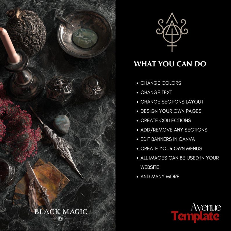 May include: An overhead shot of a dark, textured surface with various mystical objects. A silver bowl with a green stone, ornate metal containers, a candle holder, and a feather quill are arranged. Text reads "BLACK MAGIC" and "WHAT YOU CAN DO".