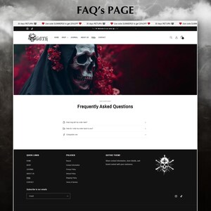 May include: A website for a gothic clothing store with a black and red color scheme. The website features a skull with a red background and the text "FAQ's PAGE".