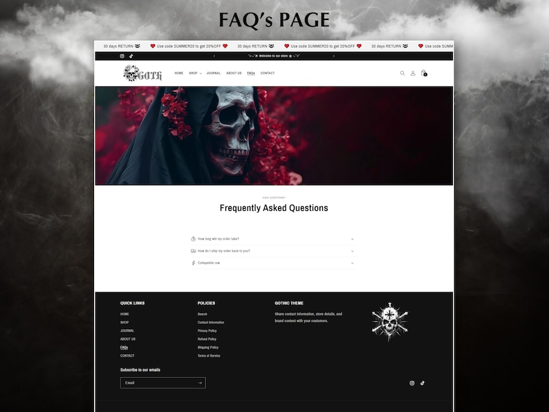 May include: A website for a gothic clothing store with a black and red color scheme. The website features a skull with a red background and the text "FAQ's PAGE".