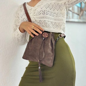 Suede Leather Brown Shoulder Strap Drawstring Waist Bag, Small Leather Messenger Bag, Leather Crossbody Bag, Mini Crossbody Bag