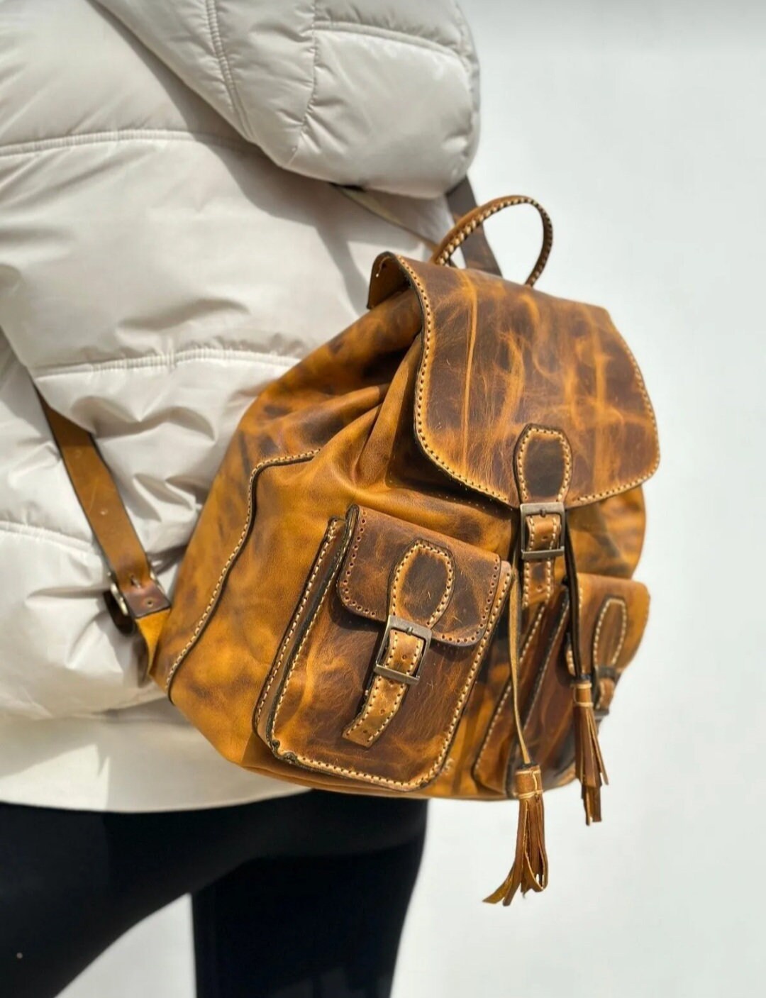 Large tan travel backpack Faux Leather Unisex Workwear Shoulderbag School Smith main image 3