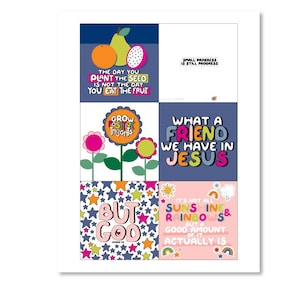 May include: A set of six colourful cards with inspirational quotes. The cards feature a variety of illustrations, including fruit, flowers, stars, and rainbows. The quotes include "The day you plant the seed is not the day you eat the fruit", "Grow positive thoughts", "What a friend we have in Jesus", "But God", and "It's not all sunshine and rainbows, but a good amount of it actually is".