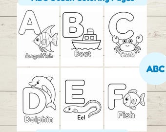ABC Ocean Coloring Pages Printable, Sea Animals Alphabet Coloring Book, Preschool Kindergarten Worksheets, Kids Learning Activity