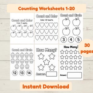 Puede incluir: Un conjunto de hojas de trabajo de conteo en blanco y negro con seis páginas que incluyen actividades como Count and Color, Count and Circle y How Many. Las páginas muestran ilustraciones de manzanas, corazones, cupcakes y estrellas.