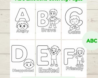 ABC Emotions Coloring Pages Printable, Feelings Alphabet Coloring Book, Preschool Social Emotional Learning Worksheets, Kids Activity