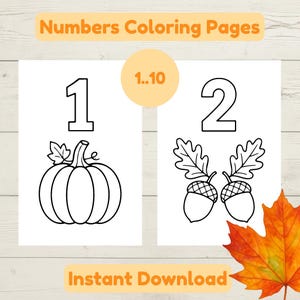 May include: Black and white coloring pages with numbers 1 and 2, featuring a pumpkin and acorns. The image includes the text "Numbers Coloring Pages" and "Instant Download".