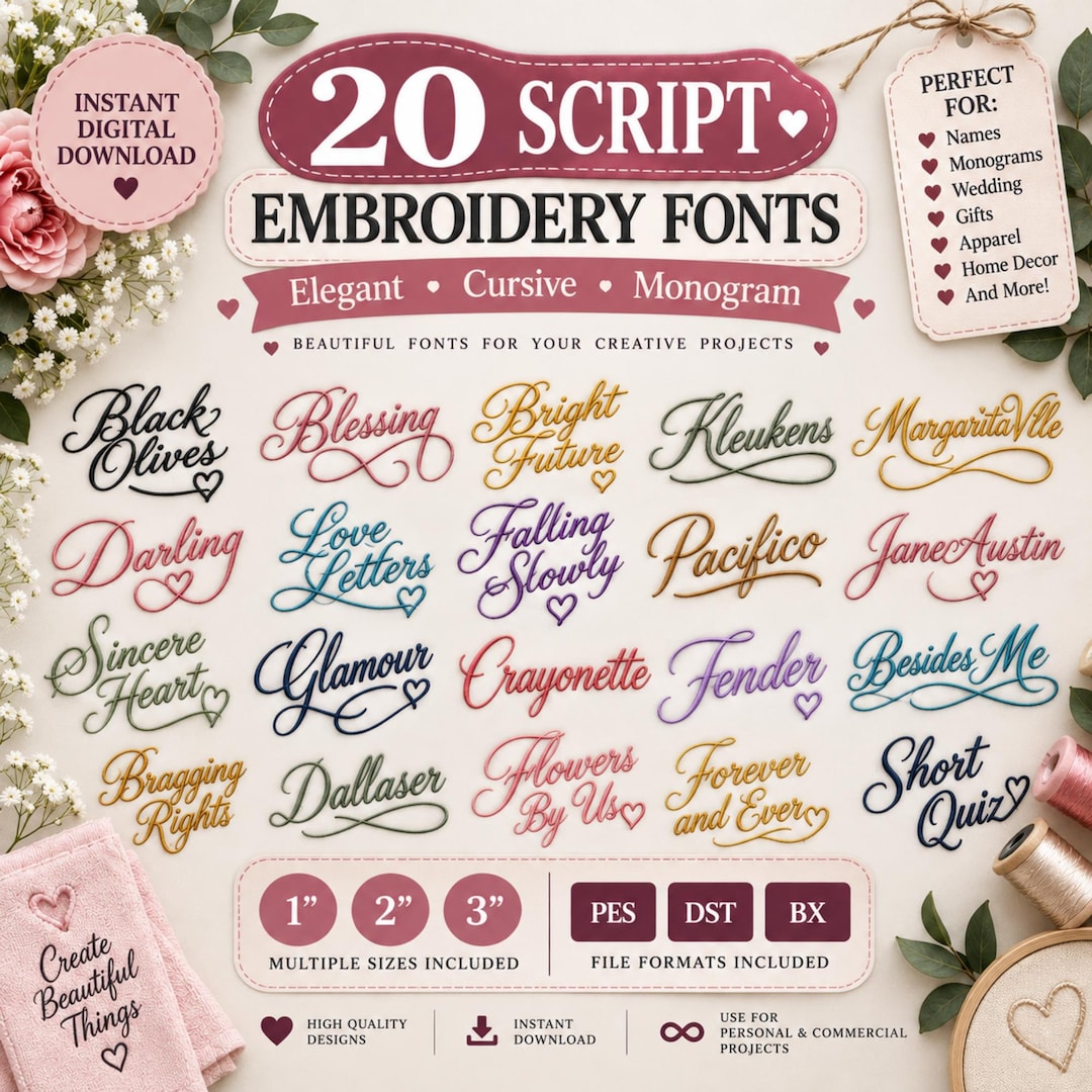 20 Script Embroidery Fonts Bundle, Cursive Machine Embroidery Fonts ...