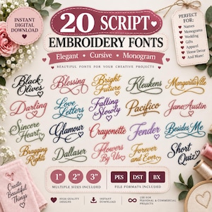 20 Script Embroidery Fonts Bundle, Cursive Machine Embroidery Fonts, Monogram Alphabet, Wedding Lettering, PES DST BX Fonts