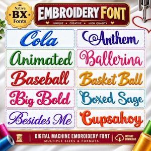 Peut inclure: Une collection de polices de broderie numérique présentant dix styles d'écriture et d'imprimerie distincts nommés Cola, Anthem, Animated, Ballerina, Baseball, Basket Ball, Big Bold, Boxed Sage, Besides Me et Cupsahoy sur des rectangles blancs.