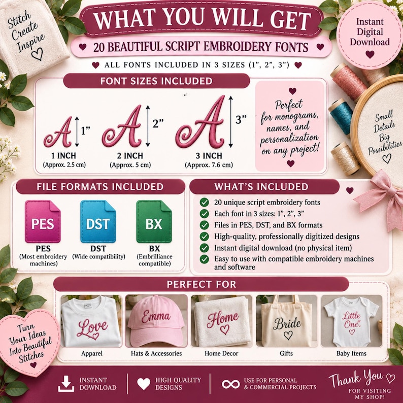 20 Script Embroidery Fonts Bundle, Cursive Machine Embroidery Fonts ...