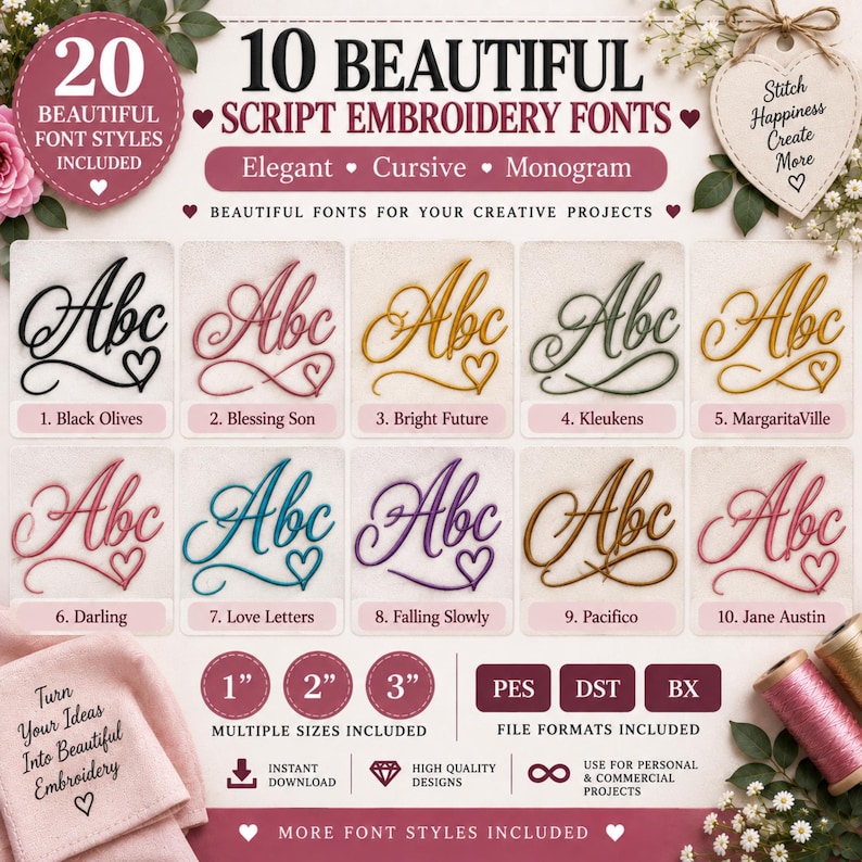 20 Script Embroidery Fonts Bundle, Cursive Machine Embroidery Fonts ...