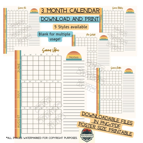 IMPRIMIBLE, Calendario de verano, En blanco para uso múltiple, Descarga instantánea, Póster de verano, Impresión de verano, PNG, PDF, Calendario imprimible en blanco.