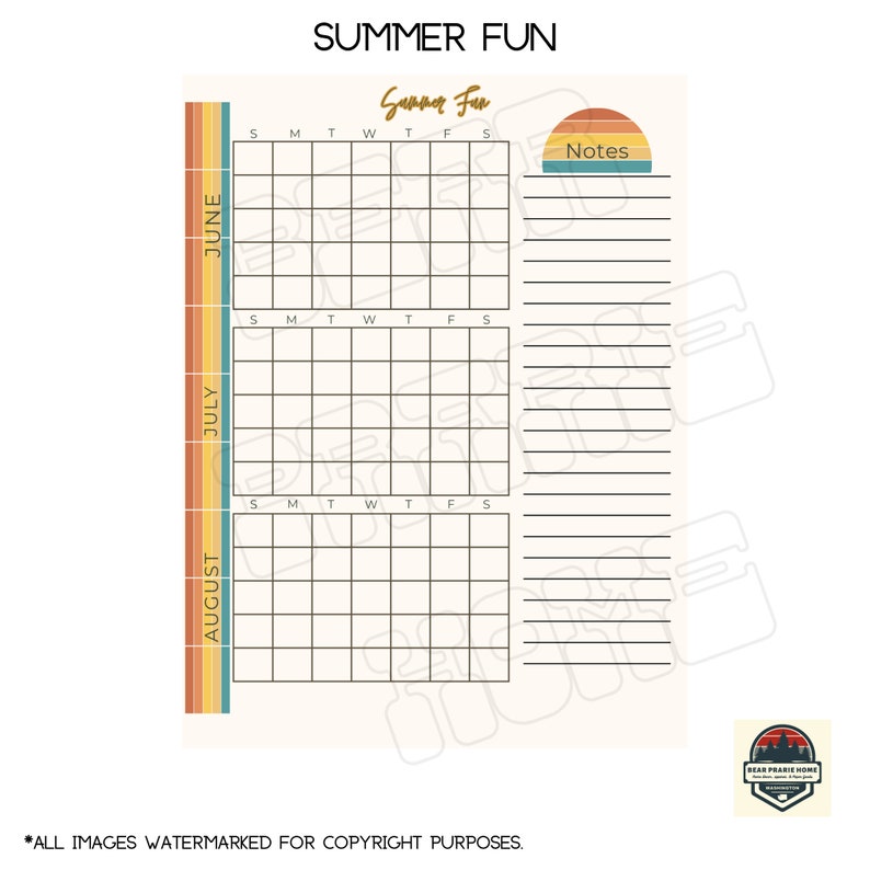 PRINTABLE, Summer Calendar, Blank for Multiple Usage, Instant Download ...