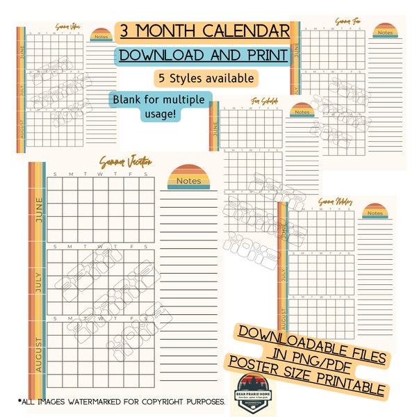 IMPRIMIBLE, Calendario de verano, En blanco para uso múltiple, Descarga instantánea, Póster de verano, Impresión, PNG, PDF, Calendario de pared.