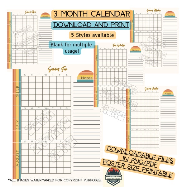 IMPRIMIBLE, Calendario de verano, En blanco para uso múltiple, Descarga instantánea, Póster de verano, Impresión, PNG, PDF, Calendario de pared.