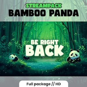 以下が含まれることがあります： 「Streampack Bamboo Panda」と「Be Right Back」のテキストが書かれた緑と黒のアニメーションストリームオーバーレイ。画像には、テキストの両側に1匹ずつ、黒と白のパンダが2匹います。背景は緑の竹林です。