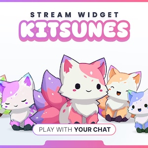 以下が含まれることがあります： ストリームウィジェットのプロモーション画像。漫画のキツネが描かれています。上部のテキストは「Stream Widget」と「Kitsunes」です。下部のテキストは「Play with your chat」です。キツネは様々な色で描かれています。