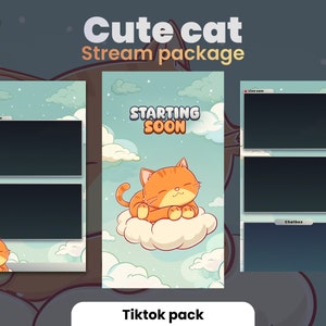 TIKTOK STREAM PACK Gato lindo - Gato jengibre animado en una nube - Superposiciones de baja fidelidad - Tamaño del teléfono - Superposiciones de Tiktok - Pantallas, alertas, fondo
