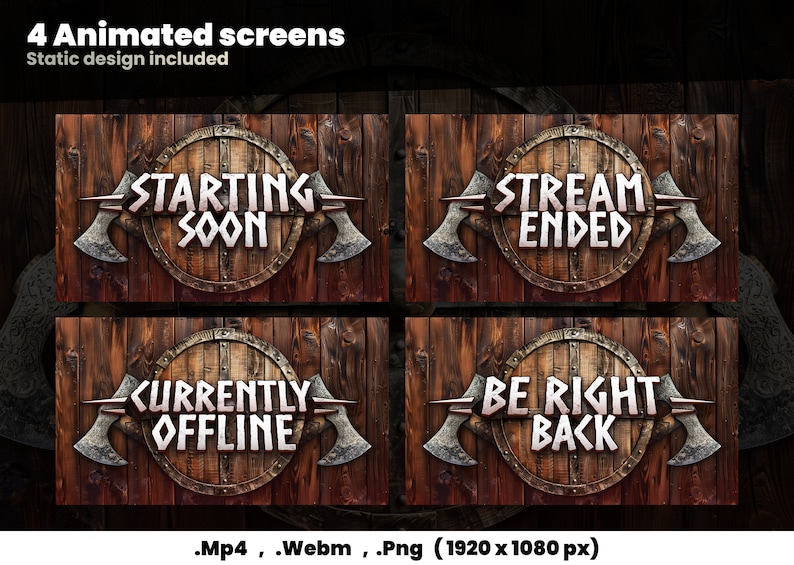 K&ouml;nnte beinhalten: Vier animierte Bildschirme mit einem Hintergrund aus Holz und einem runden Schild mit Metallakzenten. Der Text auf den Schilden lautet "Starting Soon", "Stream Ended", "Currently Offline" und "Be Right Back".