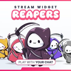 Könnte beinhalten: Eine Illustration von Cartoon-Sensenmännern in verschiedenen Farben, darunter Gelb, Rot, Lila und Grau. Die Sensenmänner halten Sensen und haben niedliche, lächelnde Gesichter. Der Text "STREAM WIDGET REAPERS" und "PLAY WITH YOUR CHAT" ist zu sehen.